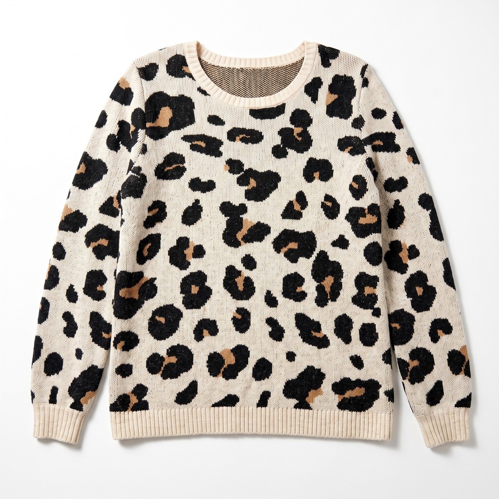LOFT S Cream Leopard Print Crewneck Sweater Womens Casual Cozy Animal Print